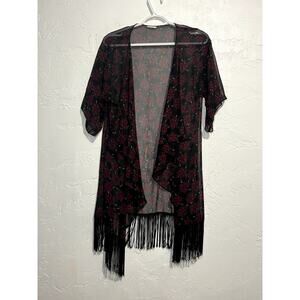 Womens floral sheer fringe kimono medium dark romantic bohemian dainty fairycore